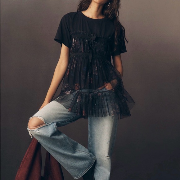 By Anthropologie tiered bow tulle tshirt black floral small - Picture 2 of 4